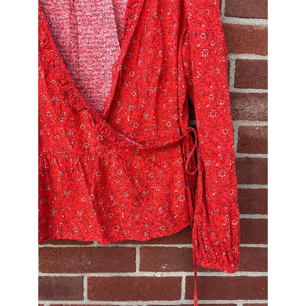Universal Thread Red Floral Wrap Blouse Womens Large Long Sleeve Tie Waist - Picture 8 of 10